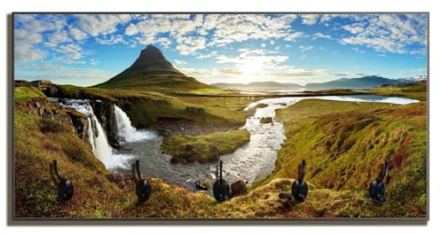 Wallario Wandgarderobe aus Holz in Größe 80 x 40 cm in Premium-Qualität, Motiv: Island Panorama Fluss Berge und Blauer Himmel | 5 Kleiderhaken zum Aufhängen