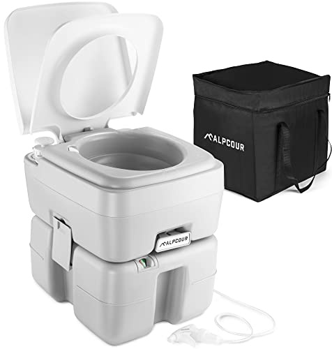 Alpcour Portable Toilet – Compact Indoor & Outdoor Commode w/Travel Bag for Camping, RV, Boat – Piston Pump Flush, 6 Gallon Waste Tank, Built-In Pour Spout & Washing Sprayer for Easy Cleaning