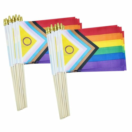 NONDK 50 Pack Intersex Progress Gay Pride Stick Flag Small Mini Rainbow Hand Held LGBTQ Flags,5x8 Inch