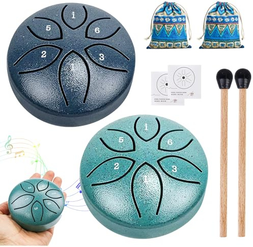 Pack of 2 Mini Steel Tongue Drum, Mini Tongue Drum, Steel, 3 Inch 6 Tones Tongue Drum, Small Pan, Handpan Steel with Mallets, for Concert, Meditation, Yoga, Sound Healing, Adults
