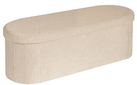 Bonlife Ottoman Storage Bench,Folding Boucle Footstool Oval, End of Bed Stool, Ideal for Living Room, Bedroom, 100L Storage Space,Beige,110x38x38cm