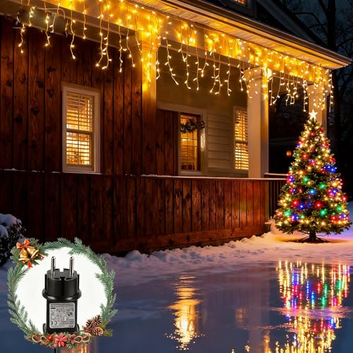 Aigostar LED Eisregen Lichterkette Außen, 3M+5M*0.4M 100LED, 8 Modi, IP44 Wasserdicht, Warmweiß, Weihnachtsbeleuchtung Eisregen für Weihnachten Dachkante Terrasse Balkon