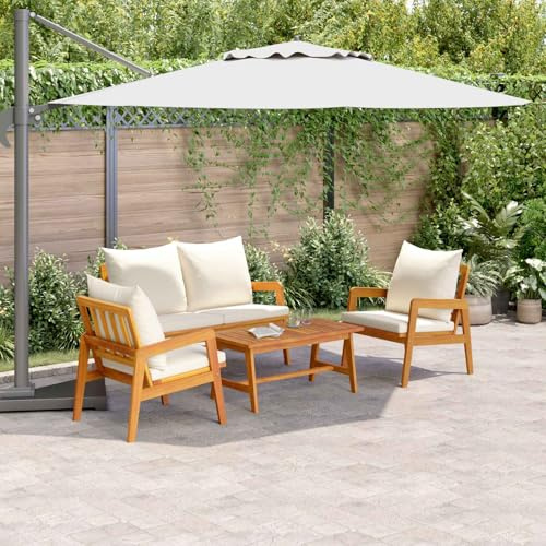 Yunovire Bistrogarnitur 4-teilig, Braun und Creme, Massivholz Akazie, wetterfestes Outdoor Patio Möbelset mit Tisch, Bank, Stühlen, für Balkon, Garten, Terrasse