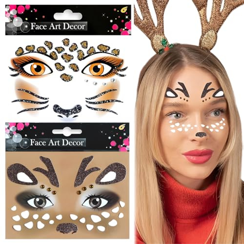 2 Glitzer Gesichtstattoo Set, Bogen Gesichtstattoo Reh Face Tattoo Reh, Leopard Tattoo Gesicht, Ablösbare Face Sticke, Karneval, Halloween, Fasching & Party Make Up Aufkleber, Kinder & Erwachsene