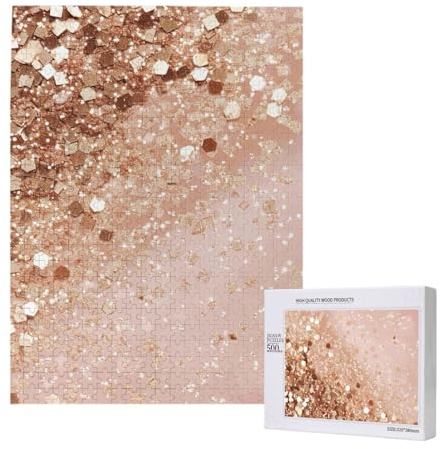 Rose Gold Glitter Printed Jigsaw Puzzle with Storage Box, Wooden Puzzle for Adults and Kids, 500 Pieces Family Fun Decorative Game, 38x52CM