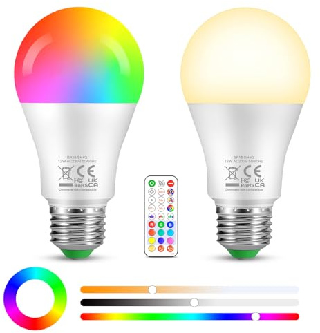 2Stück E27 LED Glühbirne, 12W RGB Farbwechsel Glühbirne mit Fernbedienung, 1100 Lumen 4000K Neutrales Licht Dimmbare Edison Glühbirne Lampen mit Memory & Zeitfunktionen,für Schlafzimmer und Wohnzimmer
