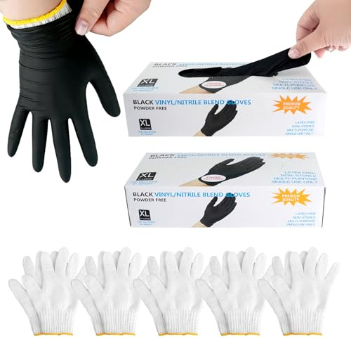 ENIPEDITA 300 Pcs Disposable Nitrile BBQ Gloves with 5 Pairs White Cotton Liners Black Sturdy Cleaning Gloves for Grilling Cooking Meat Smoker