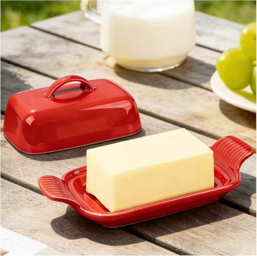 Butterdose Keramik für 250g Butter Rot 21cmx10.6cmx8cm | Hochwertige Butterglocke aus Keramik mit Einzigartigem Design Griff und Deckel, Spülmaschinengeeignet, Rutschfester