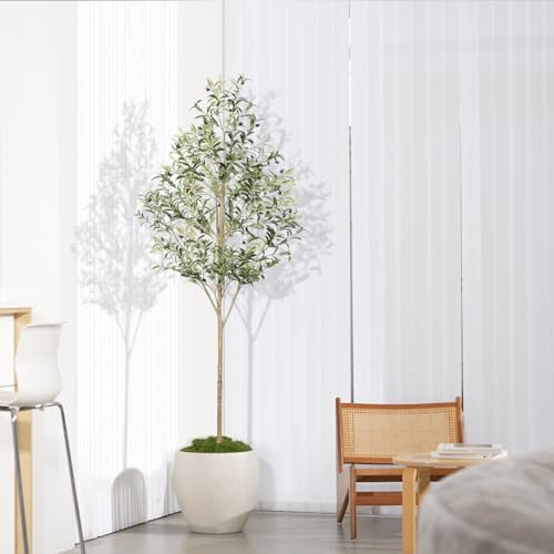 FEELEAD Olivos artificiales de 7 pies para interiores, olivo sintético de 7 pies de alto, árbol de olivo falso con ramas realistas y maceta estable, olivo artificial para interiores para decoración