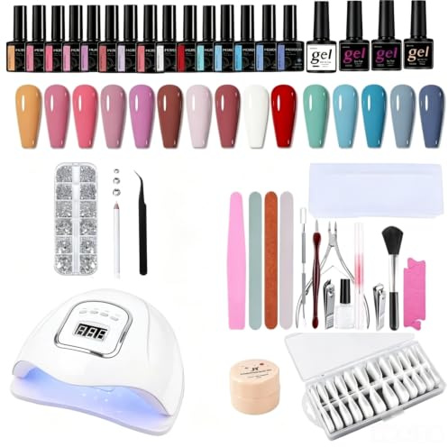 Nail Art Styling Kit mit SUN X5 MAX UV/LED Nageltrockner, 15 Farben Gel Nagellack, 240 Stück Nagelverlängerungs-Tips, Strasssteinen und Maniküre-Werkzeugen
