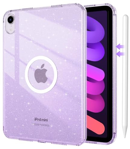 DUEDUE for iPad mini 7 2024 (A17 Pro)/iPad mini 6 2021 Case Magnetic, iPad mini 7th/6th Gen Cases Glitter Anti-Yellowing Sparkle Cover Transparent Case for iPad mini 7/Mini 6, Purple/Glitter
