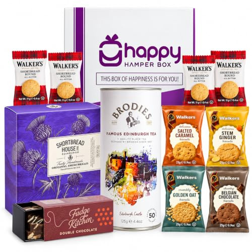 Happy Hamper Box Premium Afternoon Tea Hamper Gift Set with Handmade Fudge | Gifting Ready - 11 Items, Edinburgh Tea, Fudge, Shortbread, Assorted Biscuits | Hamper Gifts for Women Men Birthday Thank You
