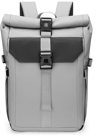 shepretty Rolltop Rucksack Wasserdicht für Damen & Herren,16‑Zoll Laptopfach-Hellgrau