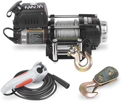 Warrior Ninja 2500lb 12V Elektroseilwinde - Kabel-Handsteuerung, Hochleistungsmotor, Robuste Kontakte, Stahlgetriebe, wasserdichte Buchse, Abriebfeste Lackierung - Stahlseil