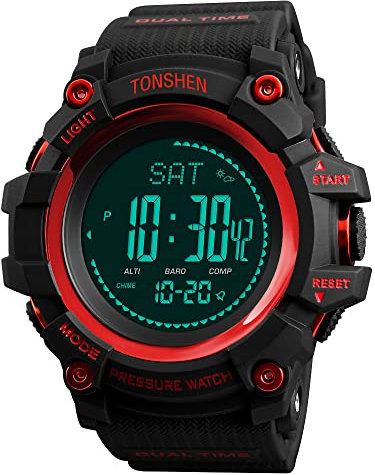 TONSHEN Herrenuhr Outdoor Sport Militär Digital Kompass Uhren Multifunktional Höhenmesser Thermometer Schrittzähler LED Double Zeit Plastik Armbanduhr (Rot)