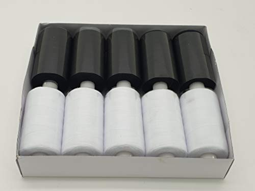 MNJ-Trimmings Nähgarn aus 100 % Polyester, Overlock-Nähgarn, Premium-Qualität, 10 Spulen 5 WEISS/5 SCHWARZ