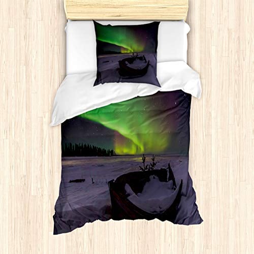 ABAKUHAUS Nordlicht Bettbezug Set für Einzelbetten, Boot und Galaxy, Milbensicher Allergiker geeignet mit Kissenbezug, Blasser Lila Shamrock Grün Beige Dunkel Violett