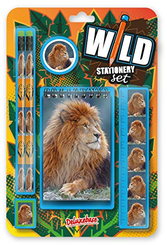 Deluxebase Wild Stationery Set – Löwe lustige Schulbedarfs-Sets enthalten 2 Bleistifte, Radiergummi, Spitzer, Lineal und Notizbuch, Schreibwaren-Set