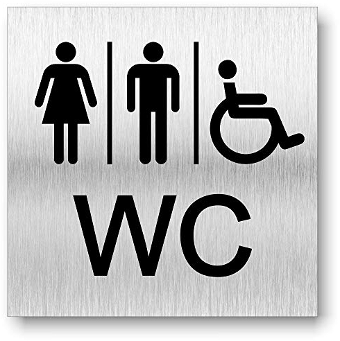Cartel para puerta de baño para hombre y mujer con discapacitados, impresión UV, 12 x 12 cm, compuesto de aluminio de 3 mm, fabricado en Alemania