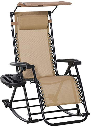 Outsunny Garden Rocking Chair Folding Recliner Outdoor Adjustable Sun Lounger Rocker Zero-Gravity Seat with Headrest Side Holder Patio Deck - Beige