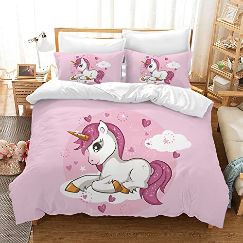 Hoimlm Einhorn Bettwäsche 135x200 Kinder Bettwäsche Set mit Bettbezug and 2 Kissenbezug, Cartoon Einhorn Mikrofaser Soft Mädchen Bettwaren mit ReiäVerschluss