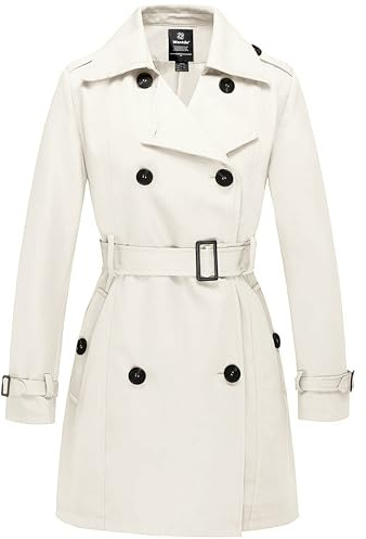 Wantdo Femme Trench-Coat à Double Boutonnage Veste Coupe-Vent à Fermeture Boutonnée Manteaux Ceinturés Mi-Longue Poignets Réglables Épaulettes Beige 18