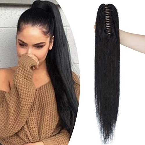 SEGO Ponytail Extension Echthaar Zopf mit Klammer Pferdeschwanz Clip in Haarteil Haarverlängerung 100% Remy Haar Hair Piece glatt 14(35cm)-105g Schwarz #1