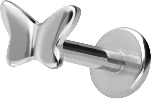 PIERCINGLINE Titan Labret mit Gewinde Titan Aufsatz SCHMETTERLING Piercing Lippe Nase Ohr Helix Tragus Medusa Silberfarben 1,2 x 8 mm