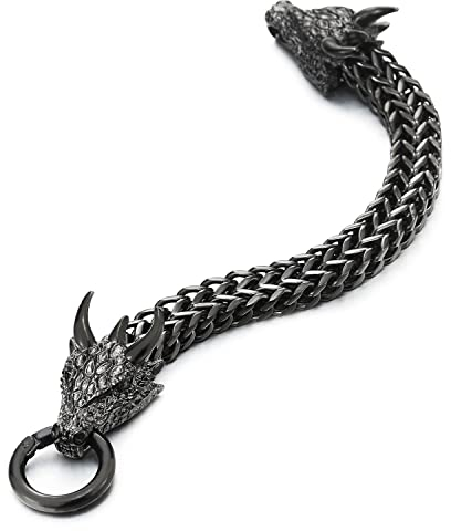 COOLSTEELANDBEYOND Herren Schwarz Quadrat Franco Kette Panzerkette Armband Edelstahl Drachen Kopf Schuppe Spitzte Horn, Federringverschluss