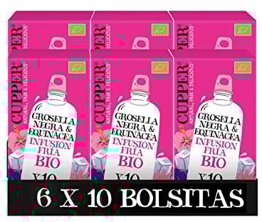 Cupper - Pack de 6 Cajas de 10 Bolsitas de Infusiones Ecológicas Frías con Grosella Negra y Equinácea - Sin Azúcar Añadido y Sin Gluten - Apto para Veganos - Propiedades Refrescantes y Digestivas