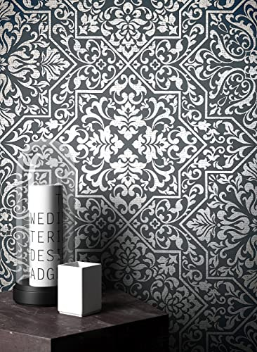 NEWROOM Papier peint Argent Brillant Intissé - Baroque Anthracite Noir Ornement Glamour