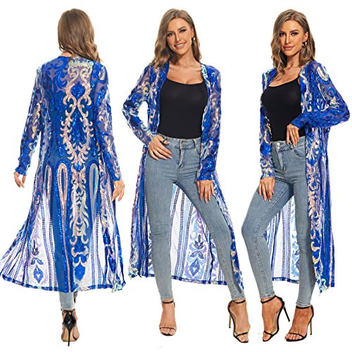 Women's Sequin Cardigan Summer Cover Up Dress Glitter Sparkle Open Front Coat Dresses Duster for Evening Prom, Gold Blue, XL