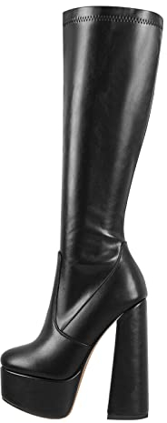 Only maker Damen Stretch Stiefel Plateau Blockabsatz Boots Kniehohe Damenstiefel Lederoptik Schwarz 37 EU