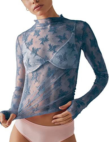 Ugerlov Women's Lace Long Sleeve Tops Mock Neck Mesh Tops Sheer Shirts, Blue, L