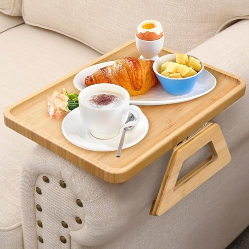 JanYoo Sofa Arm Tray Table Clip On Foldable Table for Wide Couches Couch Armrest Tray Clip-on Sofa Table Tray, Eating and Drink Portable Table,Beige