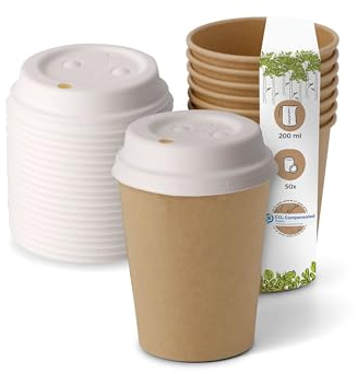 BIOZOYG 50 Stück Kompostierbare Bio Einweg Becher inkl. Pappdeckel I Einmalbecher Getränkebecher Wegwerfbecher Papierbecher I Coffee to go Pappbecher braun ungebleicht 200 ml 8 oz