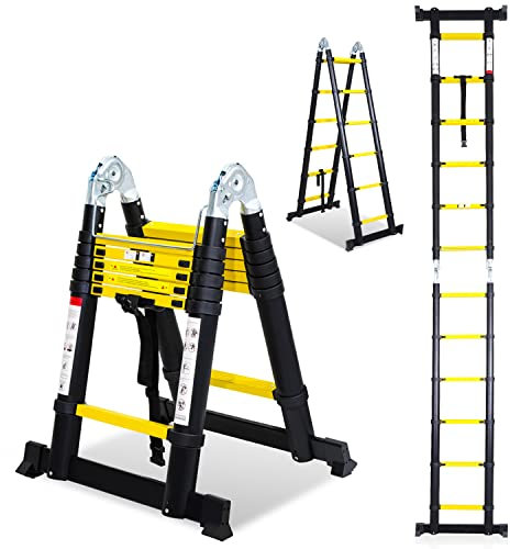 Randaco 3.8M (1.9+1.9) Teleskopleiter Klappleiter Aluminium, Rutschfester Mehrzweckleiter Tragbar Alu Teleskopleitern Max Belastung 150 kg (Schwarz Gelb)