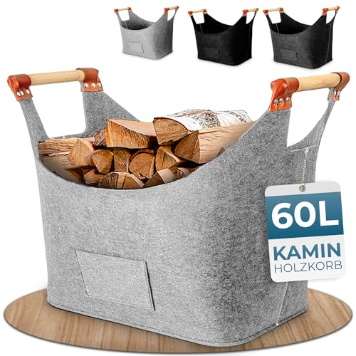 Xcelenze - XXL Holzkorb für Kaminholz mit Holzgriff Filzkorb extra dicker Filz Kaminholzkorb Filztasche faltbar auch als Einkaufskorb Auto & Aufbewahrungskorb für Holz Zeitung (Hellgrau)
