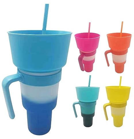 KSIEE 5 PCS 2 In 1 Snack Drink Cup, Reusable Plastic Drink and Snack Cups with Straws Stadium Tumbler with Top Bowl for French Fries and Coke Perfect for One-Handed On-The-Go Usage (A)