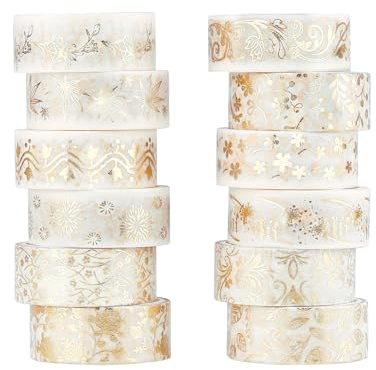 NOGAMOGA 12 Rollen Washi Tape Set, Weißes Folie Gold Masking Tapes, Dekoratives Klebeband Tape für Verschönern Bullet Journals, DIY-Basteln, Scrapbooking, Planern