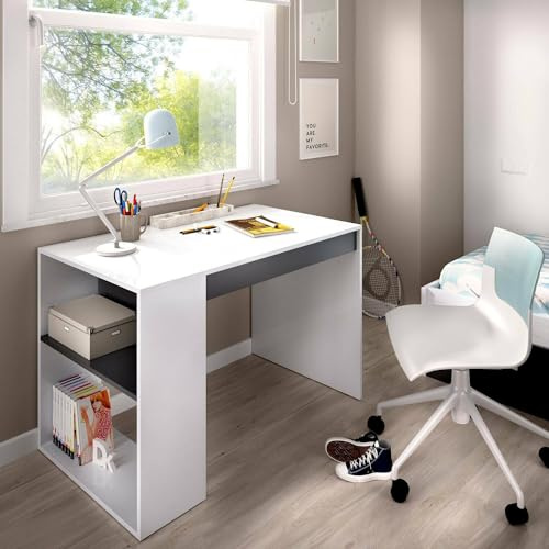 Dmora - Grigna Schreibtisch, Mehrzweckschreibtisch für Büro oder Schlafzimmer, linearer Arbeitstisch mit Regalen, 115 x 50 x 74 cm, Weiß und Anthrazit