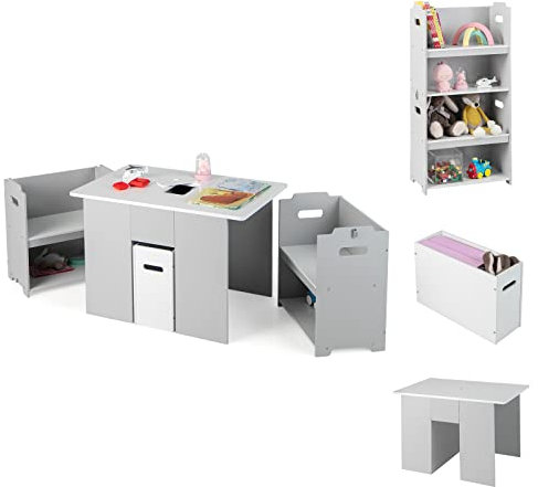 GOPLUS 3 TLG. Kindersitzgruppe aus Holz, 4 in 1 Kindermöbel Set mit Mehreren Ablageflächen & ausziehbare Aufbewahrungsbox, Kindertisch mit 2 Stühlen zum Essen & Lernen, für Kinder ab 3