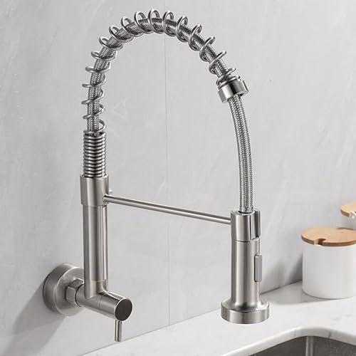 Rubinetto da Parete Solo Acqua Fredda Rubinetto da Cucina a Molla Girevole Ottone Rubinetto Lavello Cucina a Muro-Spazzolato