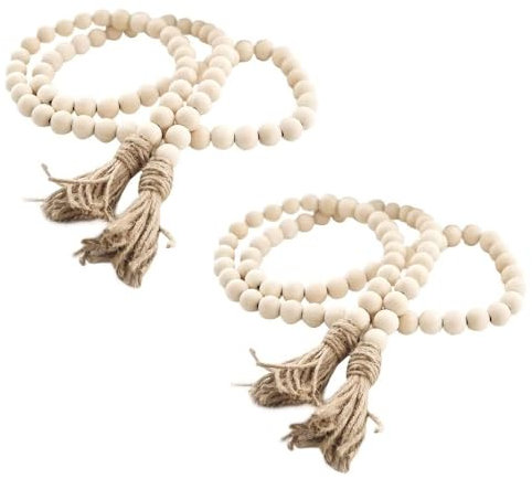 2PCS Wooden Beads String, Farmhouse Wooden Beads Decorative Beads Garland with Tassels for Boho Home Decor Wall Hanging Decoration