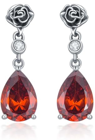 Granat Ohrringe 925 Sterling Silber Oxidierte Retro Rose Ohrhänge mit 10 * 7 mm Rot Granat Geburtsstein Januar Schmuck Geschenke für Frauen