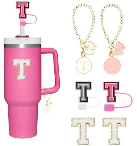 Reusable Straw Cover for Stanley Cup Accessories,2Pcs Dustproof Straw Covers with Letter Charms and Personalized Name Stickers(T)