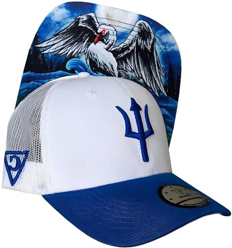 Capiche [99+ Varianti] Cappellino da Camionista Cycnus - Cappello in Rete Bianca con Tesa Blu, Logo del tridente Ricamato, Grafica Mitico Cigno sotto la Visiera, Snapback Regolabile per i Fan