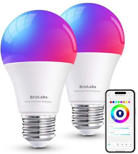 BrizLabs Smart Glühbirne E27 Alexa Lampe, 9W WLAN Dimmbare RGB Warmweiß Kaltweiß Birne WiFi & Bluetooth Smart Bulb, Musik Sync, Kompatibel mit Alexa/Google Assistant, Kein Hub Benötigt, 2 Stück