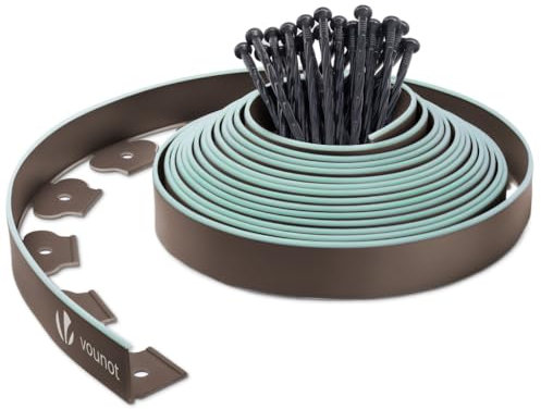 VOUNOT® Bordure de Jardin en Plastique 10 mètres avec 30 Piquets d'ancrage Bordurette de Pelouse Bordure de Gazon Flexible Idée de Jardin Hauteur 50mm Epaisseur 4mm Marron Bordé de Vert Clair