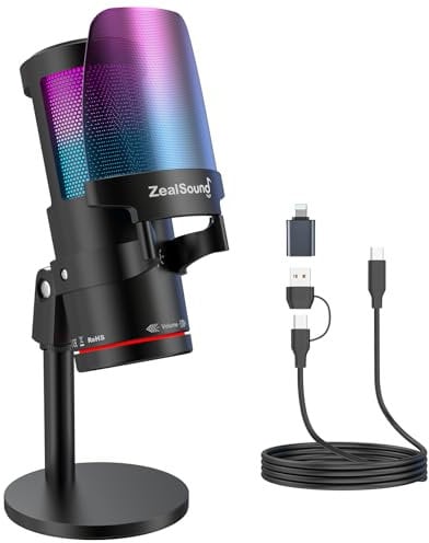 ZealSound Microfono USB gaming, microfono condensatore, microfono luce RGB, streaming, guadagno, monitoraggio per streaming, podcast, YouTube, Discord, *Phone, iPad, PC, computer, PS, Mac, GamerWave